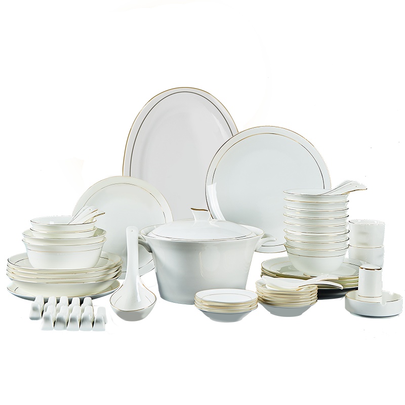 富昱景 欧式陶瓷碗碟家用金边餐具套装碗盘组合 78件雅逸