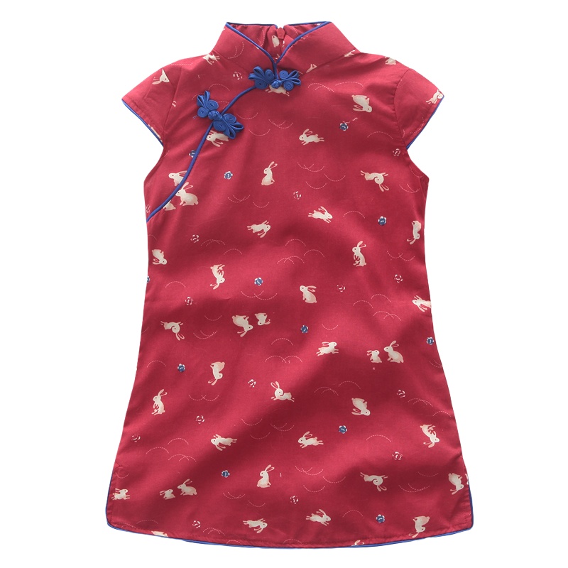 旗铂Qibo蓝心短袖旗袍夏季小女孩儿童唐装女宝宝夏装公主裙连衣裙