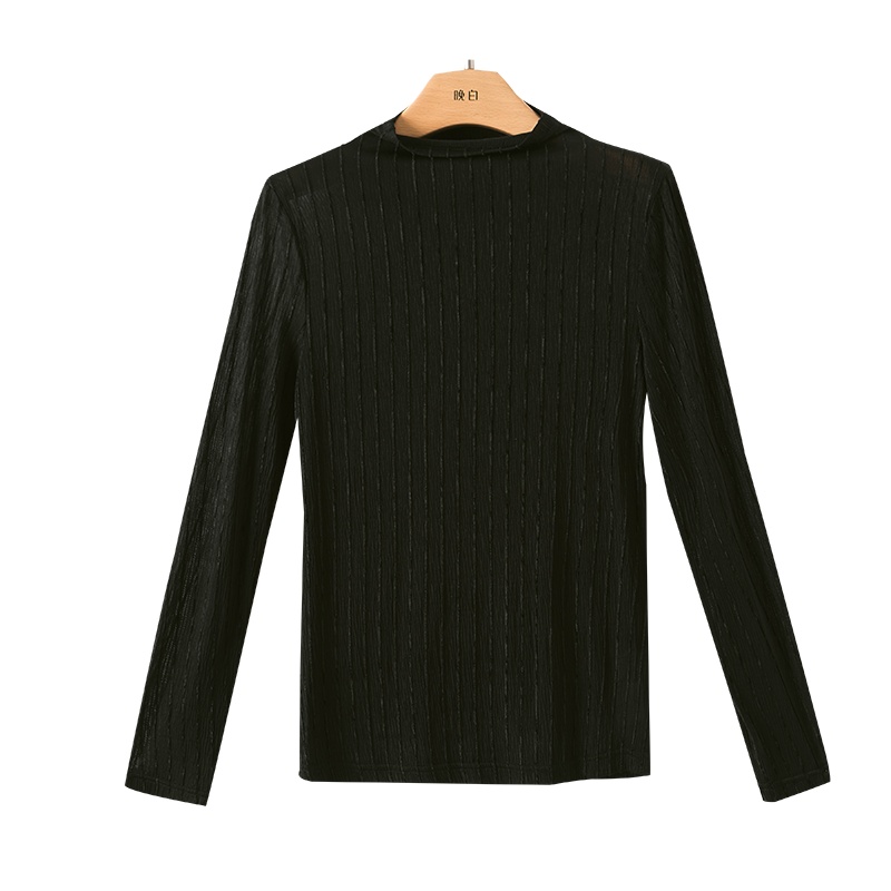 晚白2020秋冬新品通勤简约立领长袖修身显瘦暗条纹T恤打底衫女
