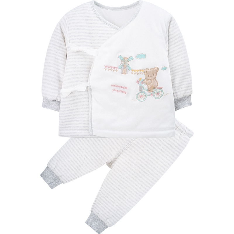 秋季男女童家居夹棉保暖内衣条纹拼接斜开襟和尚袍两件套