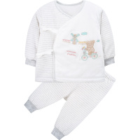 秋季男女童家居夹棉保暖内衣条纹拼接斜开襟和尚袍两件套