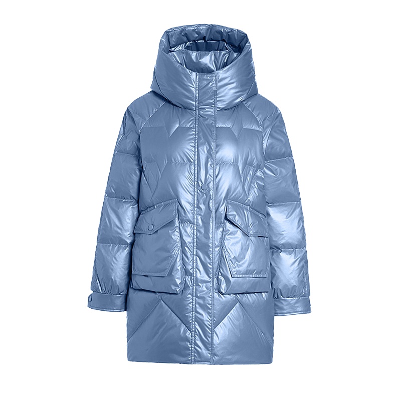 鸭鸭 90鸭绒羽绒服女中长款时尚亮面加厚宽松冬季连帽韩版外套