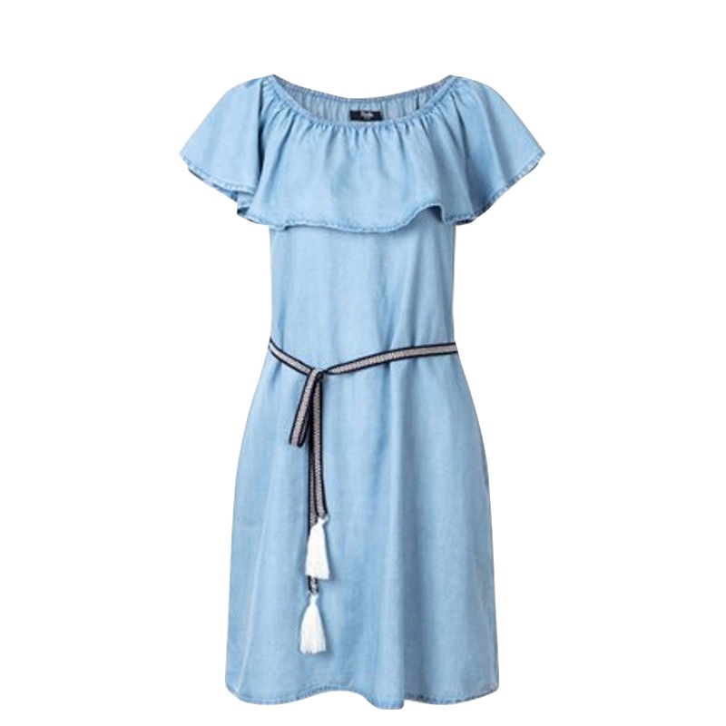 拉夏贝尔Puella夏季新时尚甜美显瘦一字领纯色短袖牛仔裙连衣裙女20009419