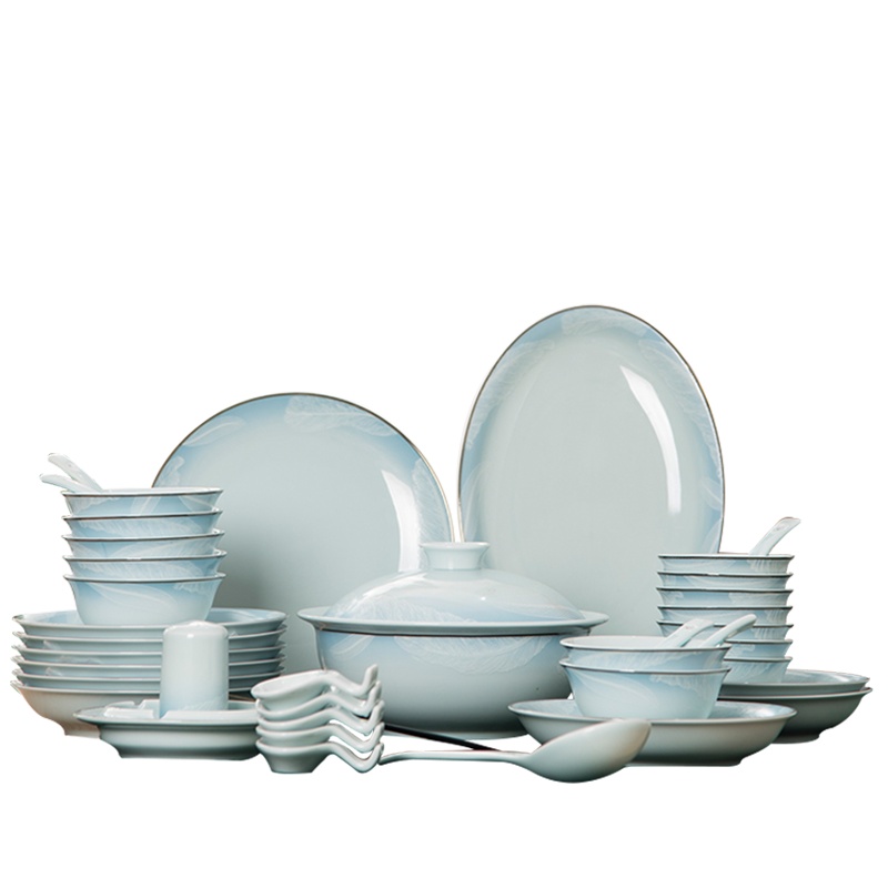 景德镇陶瓷餐具套装白瓷青釉高温碗盘碟勺子礼盒包装现代风格送礼自用白羽丹青 LICHEN 56头