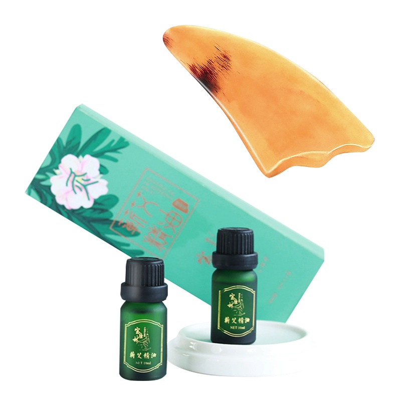 宝康林 牛角刮痧板艾草精油刮痧按摩推拿复方全身通用面部脸部颈部家用男女[牛角刮痧板+蕲艾精油(10ML*2瓶)]