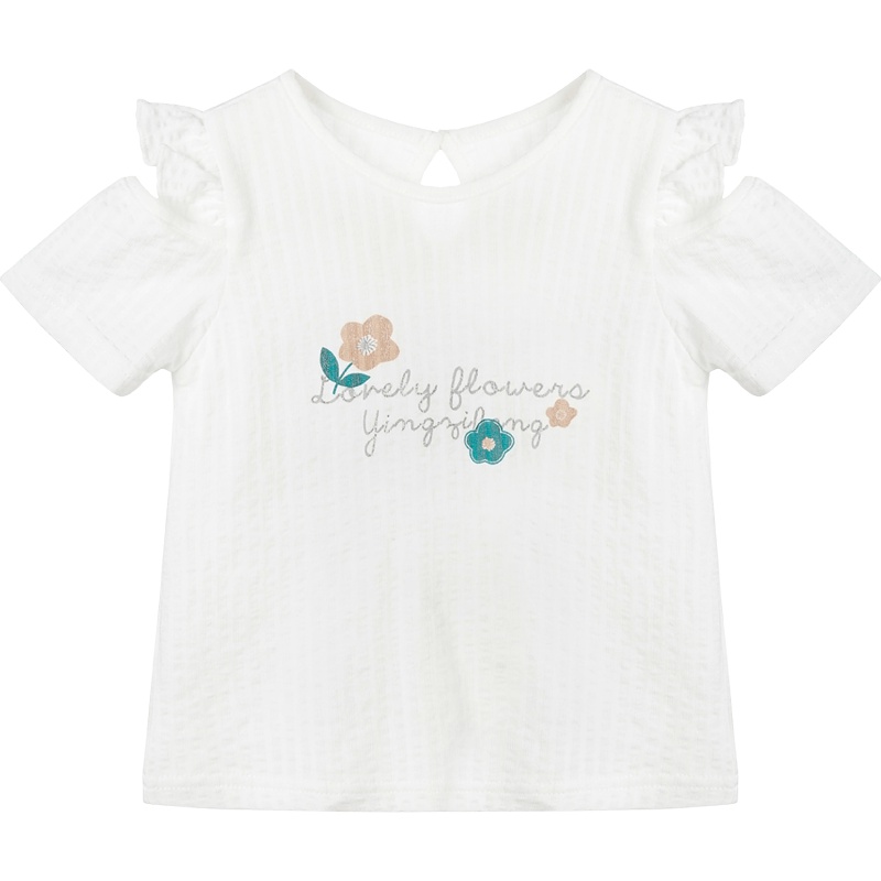 婴姿坊女童夏季露肩圆领纯色木耳边袖子小花图案T恤