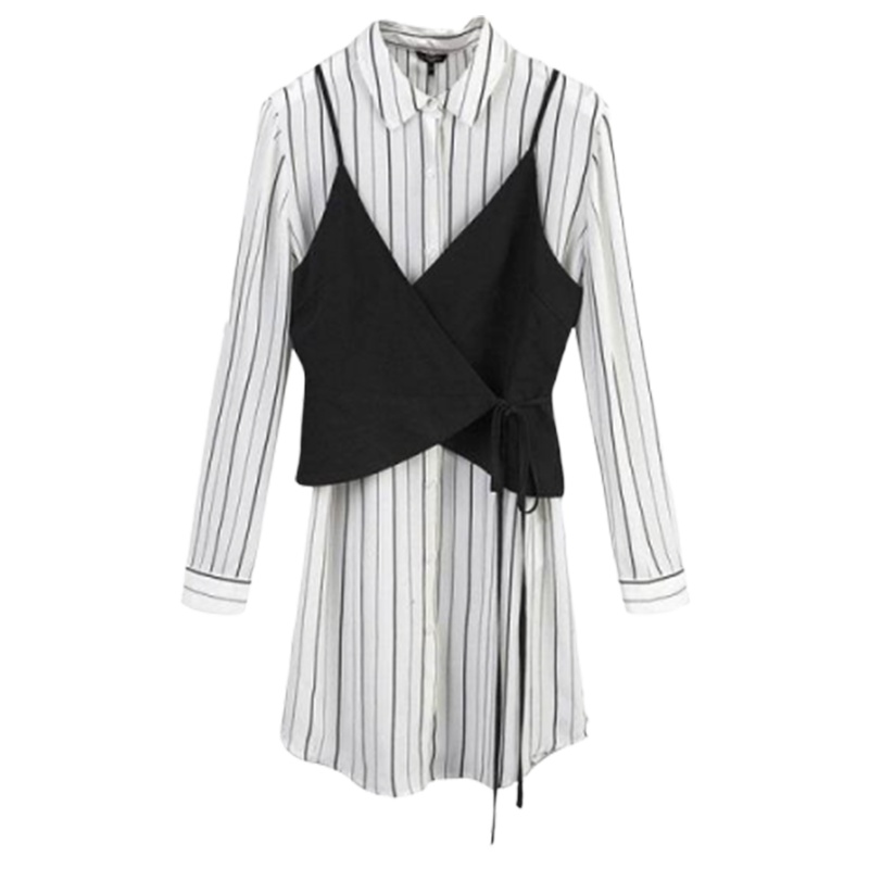 上新拉夏贝尔秋冬新款韩版系带马甲中长款竖条纹衬衣两件套女10016336