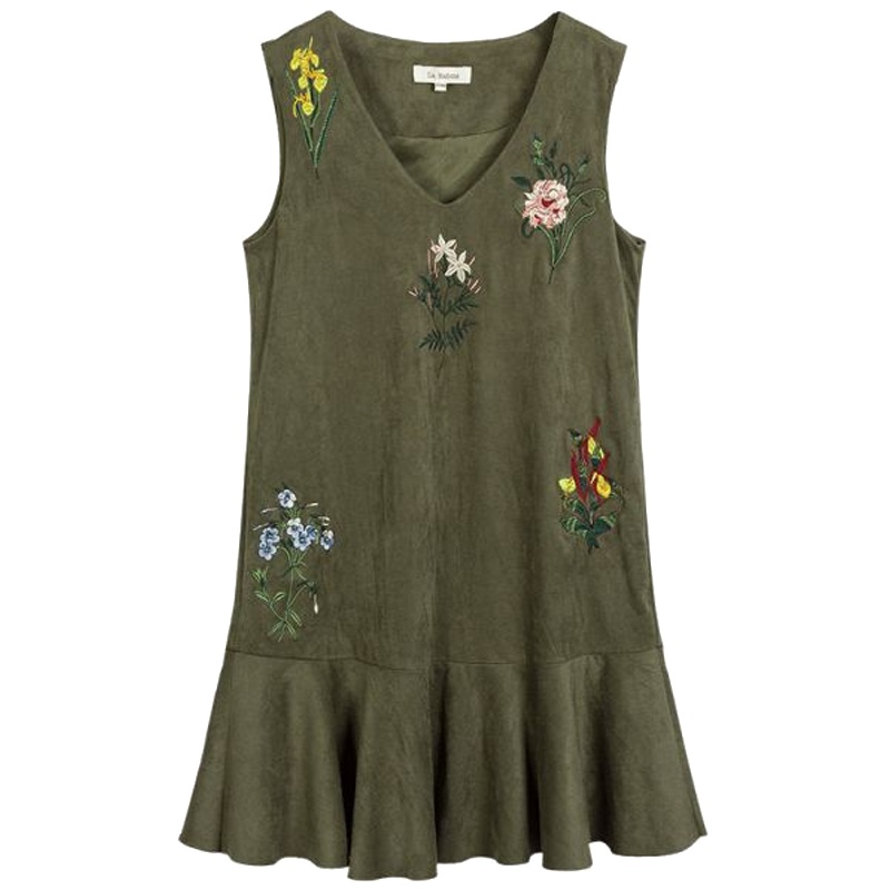 拉贝缇连衣裙新款秋装气质百搭修身刺绣短裙无袖荷叶边女60005848