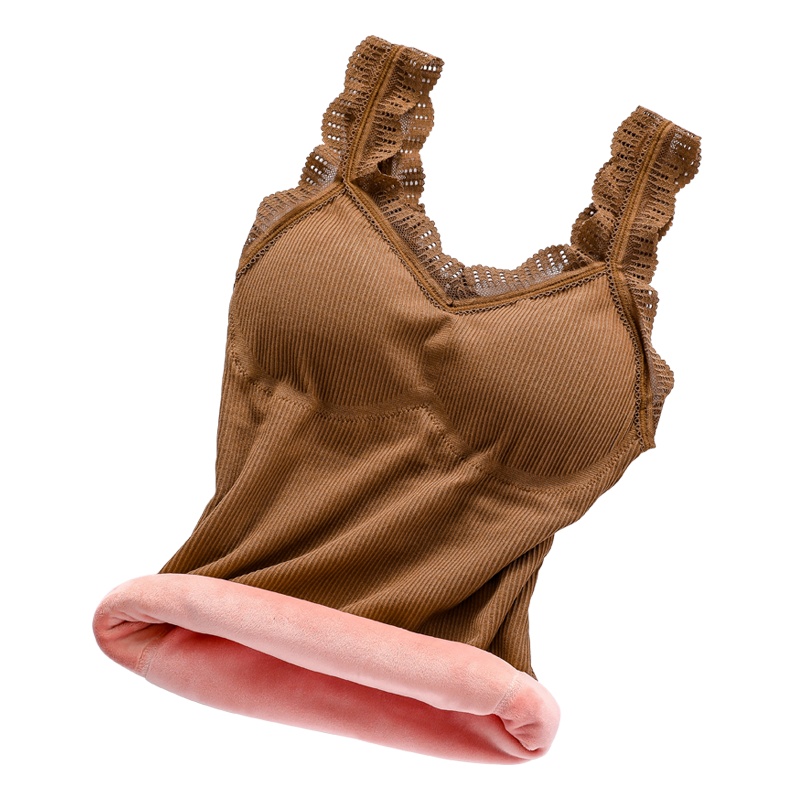 俞兆林 秋冬加绒保暖背心女性感打底小吊带V领蕾丝带胸垫保暖马甲