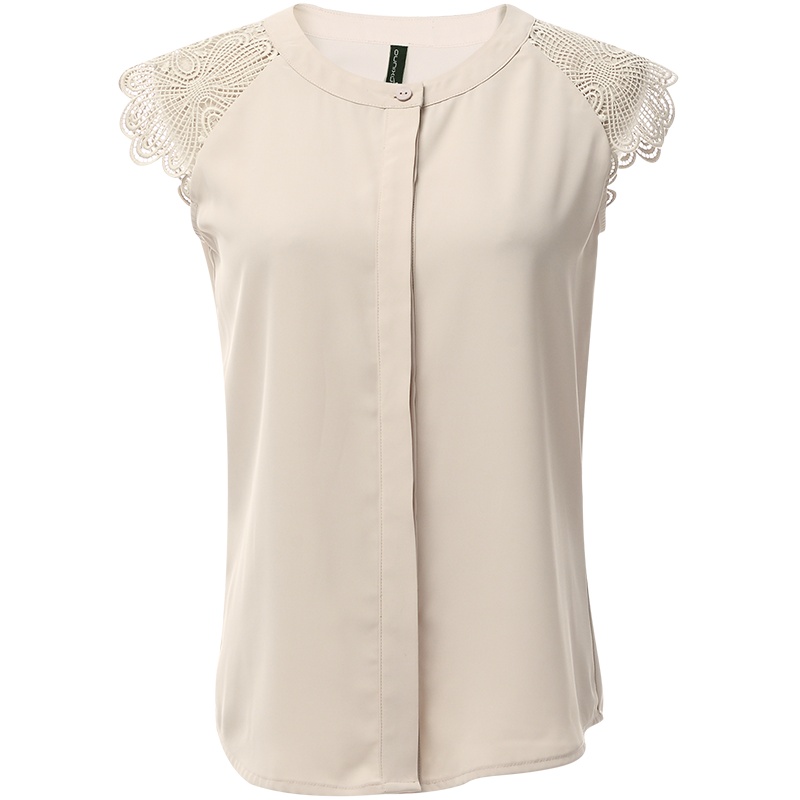 欧昵雪夏季勾花镂空露肩蕾丝拼接无袖圆领衬衫女气质衬衣