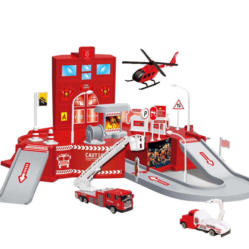 成乐美Q版停车场轨道电动套装合金车消防警察工程小火车男孩玩具(95577-14消防系列:大号停车场四小车)