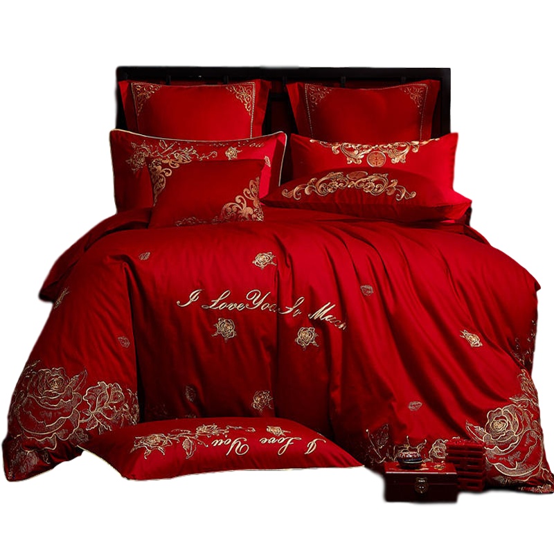 绘窝(HuiWo)家纺 贡缎刺绣40支全棉绣花婚庆四件套古典中式大红纯棉刺绣四件套