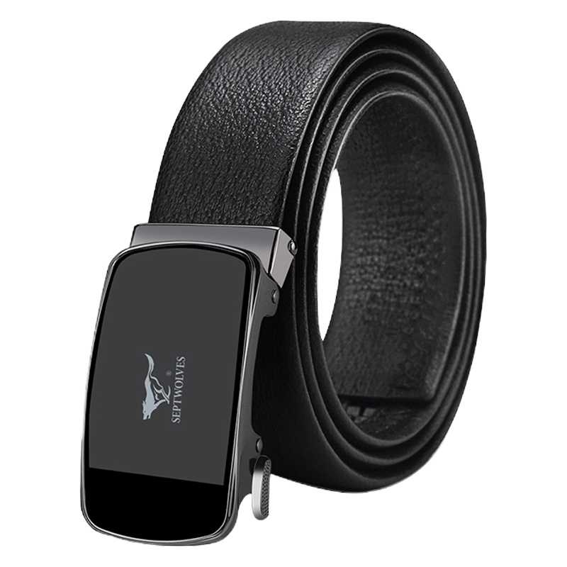 七匹狼(SEPTWOLVES)皮带腰带中青年裤带自动扣头层牛皮真皮休闲商务男士灰标镜面扣头 礼盒送礼送父亲送男友生日礼物