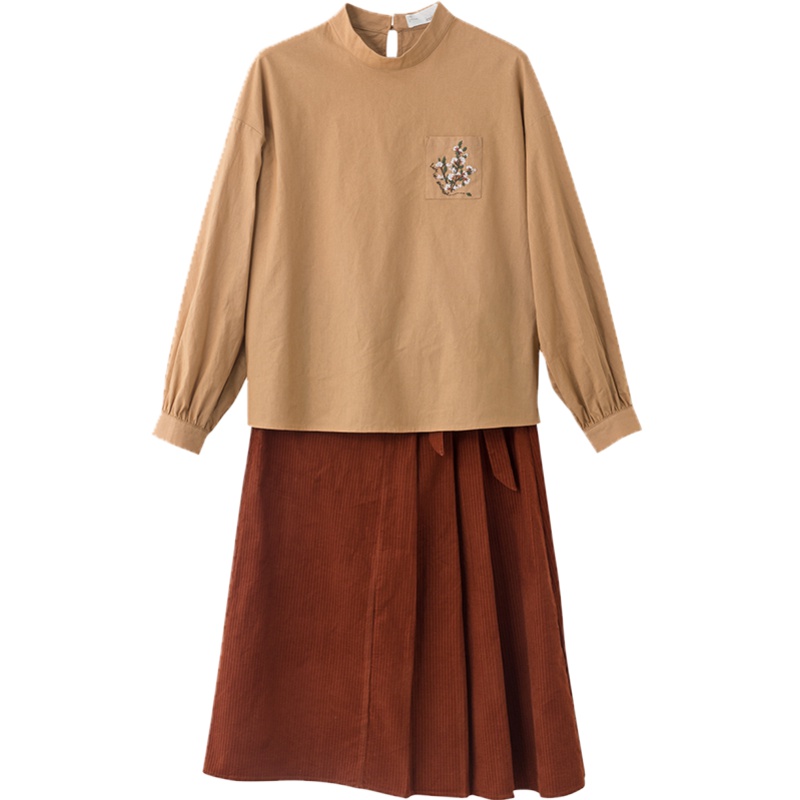 茵曼套装裙2019秋装新款绣花灯笼袖衬衫灯芯绒系带半身裙两件套女