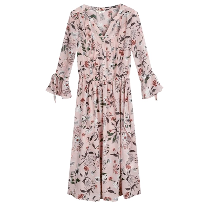 拉夏贝尔v领碎花连衣裙春装夏季雪纺法国复古裙山本超仙女长裙子_593 S 浅粉