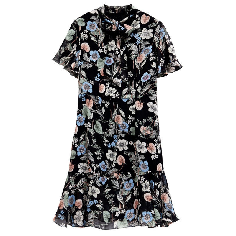 马克华菲女装2019夏印花雪纺连衣裙鱼尾裙摆气质连衣裙碎花裙