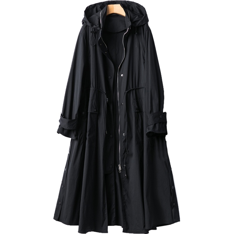 恒源祥黑色中长款风衣女2020春季新款宽松大外套抽绳收腰休闲外搭