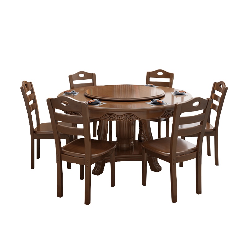 都市名门 餐桌 实木餐桌 带转盘组合餐桌 简约现代中式 木质餐桌椅组合 圆形饭桌 餐厅家具