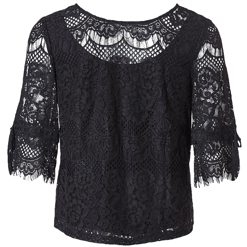 LIEDOW蕾朵很仙的镂空黑色蕾丝打底衫上衣百搭洋气2019新款小衫女
