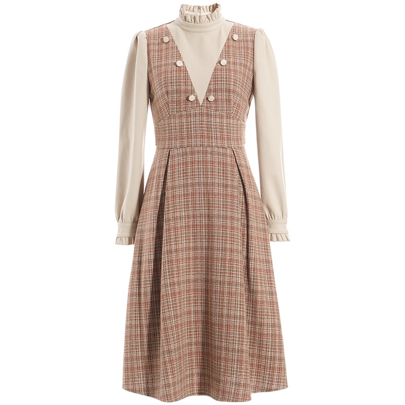 OUNIXUE欧昵雪 | [拼接假两件裙子]秋冬季优雅木耳边立领A字裙修身连衣裙女