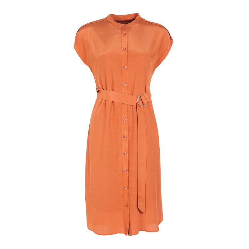 晚白 新品纯色圆领单排扣短袖系带收腰中长款衬衫连衣裙女