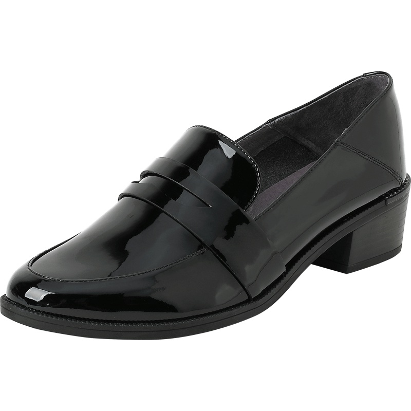 百田森新款黑色皮鞋女英伦风牛皮革粗跟中跟正装休闲皮鞋