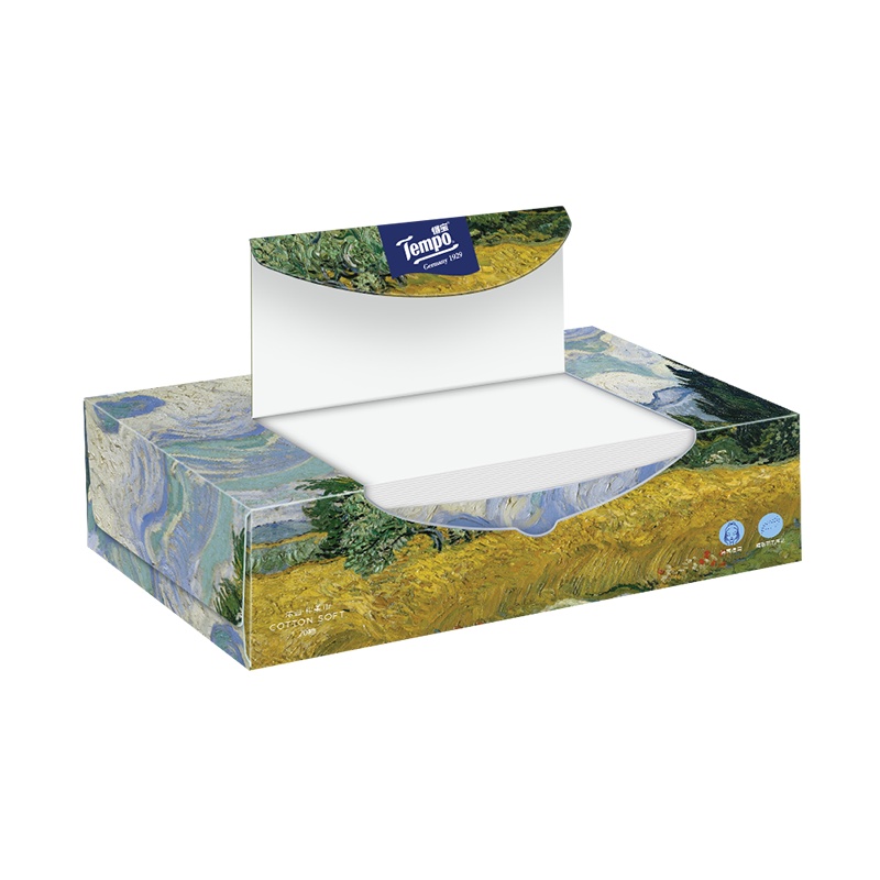 得宝(Tempo) 洁面棉柔巾 盒抽1层*70抽*2盒 大都会艺术博物馆联合系列《麦田与丝柏树》洁面洗脸巾