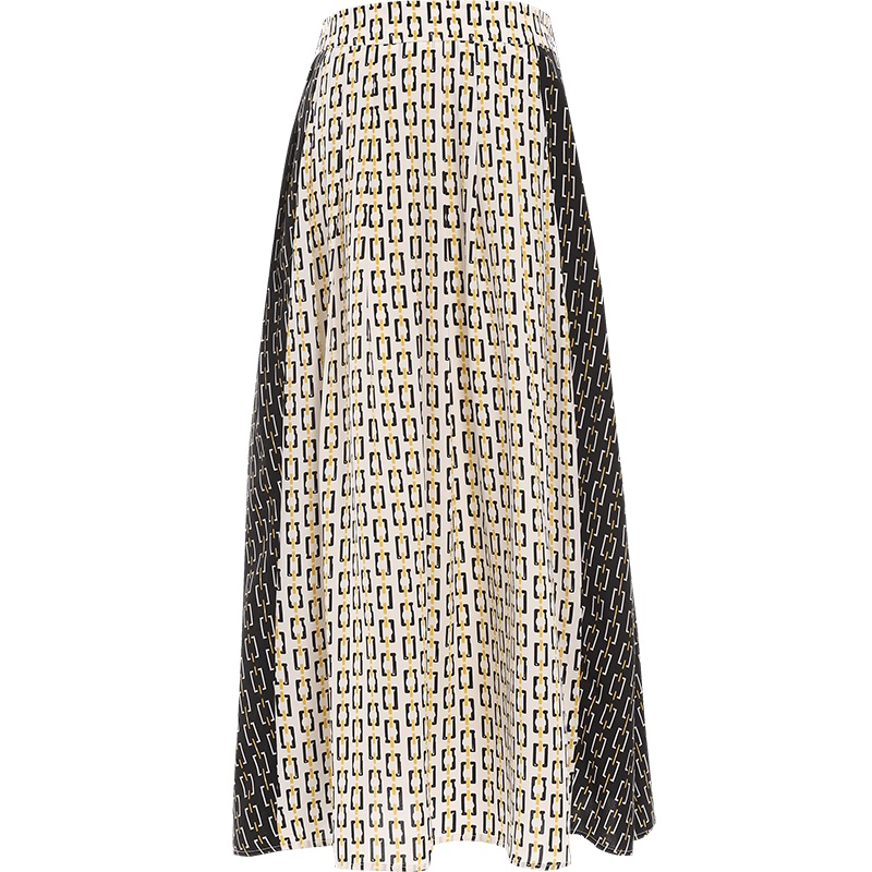 欧昵雪拼色波普风印花中长款高腰半身裙女气质A字裙