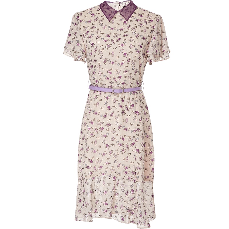 欧昵雪网纱Polo领荷叶袖高腰碎花雪纺连衣裙女气质鱼尾裙