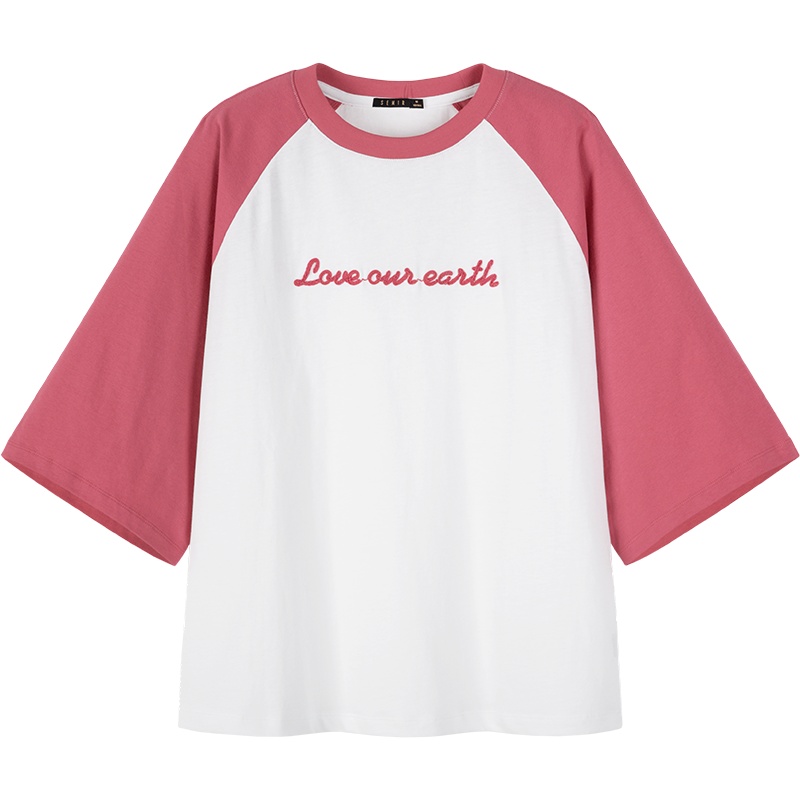 Semir森马女装2019新款潮秋季中长袖t恤女撞色拼接插肩袖宽松上衣纯棉