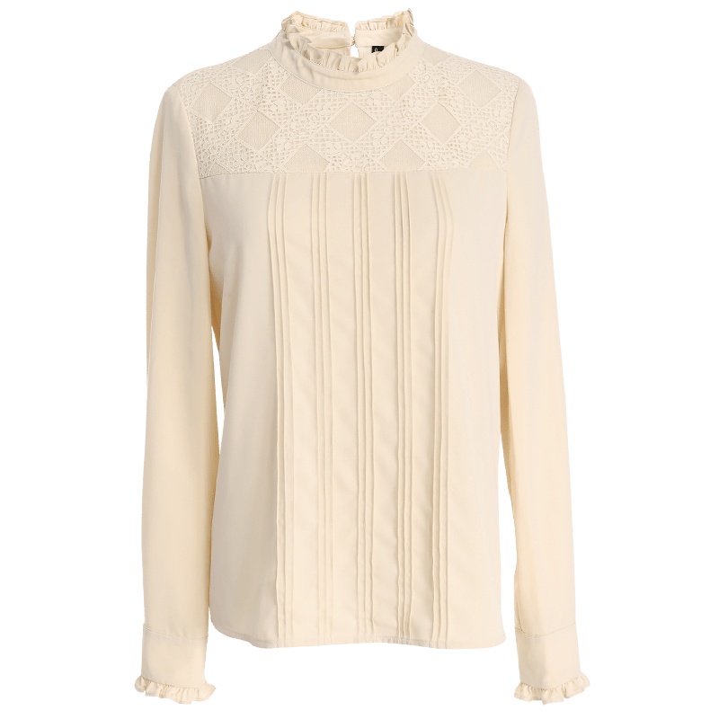 欧昵雪秋木耳边立领拼接蕾丝长袖套头衬衫女上衣时尚小衫