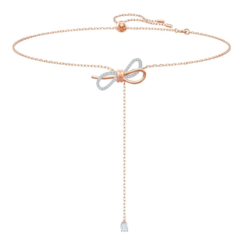 [直营]抖音同款SWAROVSKI施华洛世奇LIFELONG BOW蝴蝶结环颈吊坠人造水晶女士项链锁骨链 送恋人 玫瑰金
