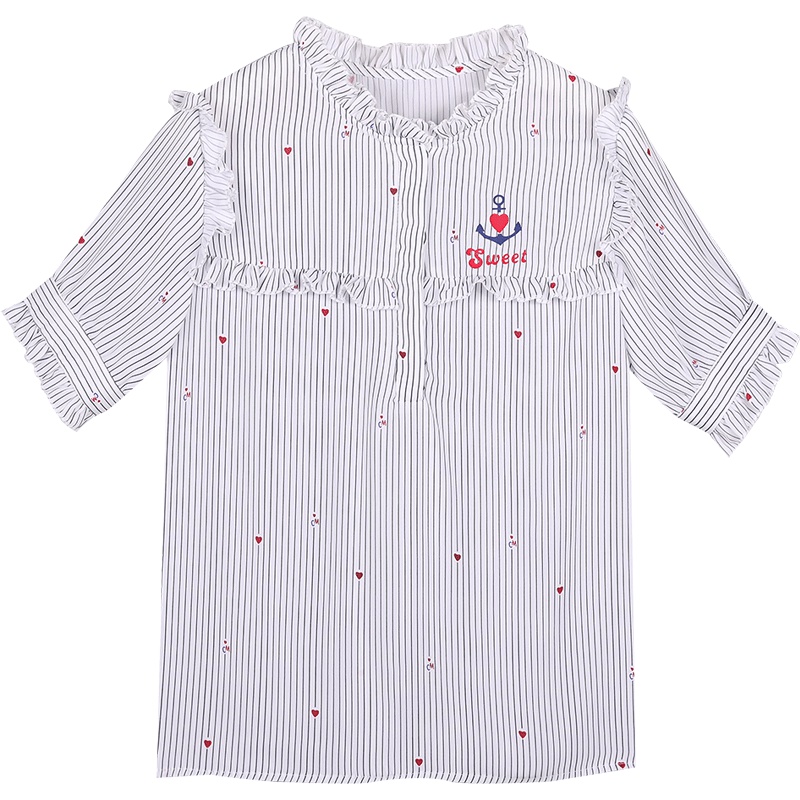 海军风条纹木耳边雪纺衬衫女2019夏季新款短袖宽松洋气娃娃领衬衣