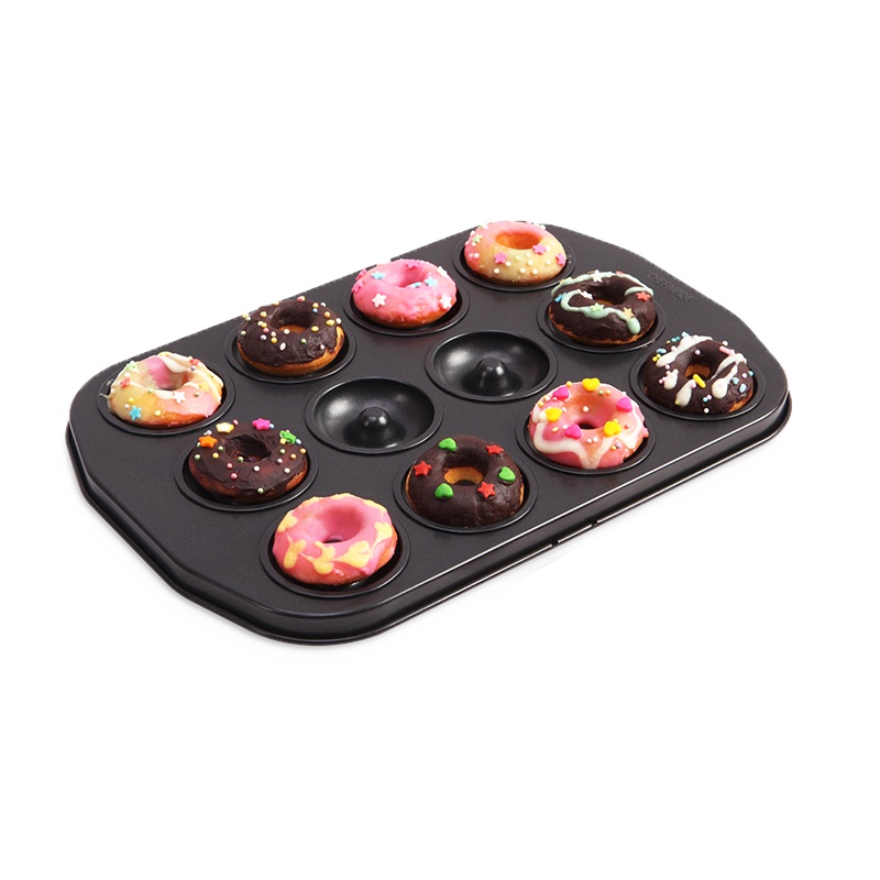 学厨12连杯迷你甜甜圈模具29.2*19.7*1.2cm黑色小号圆形蛋糕面包圈烘焙模具DIY家用烤箱用具 WK9034