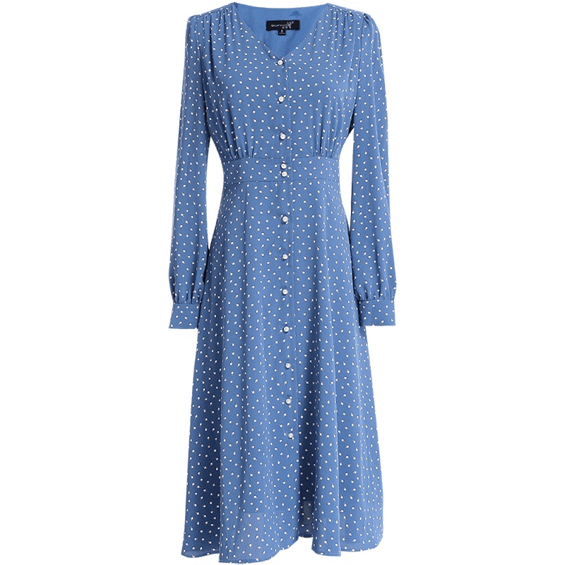 欧昵雪气质V领高腰显瘦印花连衣裙女过膝长袖中裙子