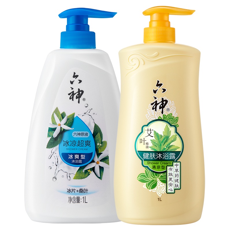 六神冰凉超爽沐浴露1L+艾叶健肤沐浴露(清凉型)1L(男士女士沐浴乳液 细腻柔和 补水保湿滋润)