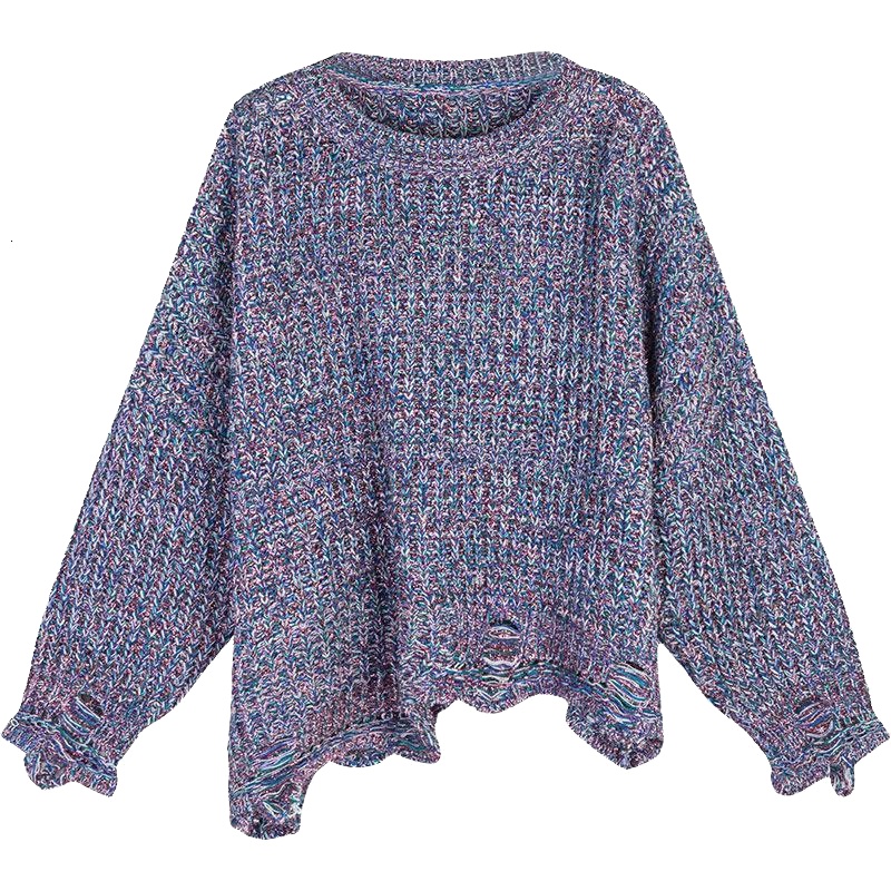 拉夏贝尔秋季女装新款不规则破洞宽松显瘦套头毛针织衫女1T000432