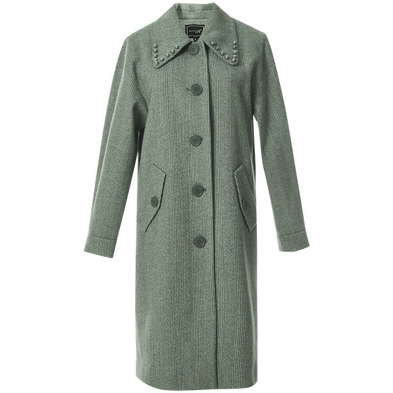 欧昵雪仿珍珠翻领宽松呢子大衣女显瘦中长款毛呢外套
