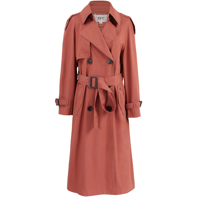 恒源祥复古双排扣风衣2020春新款干枯玫瑰色中长款外套女过膝大衣