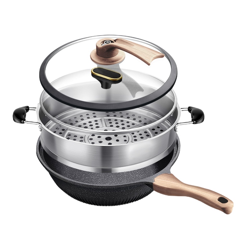 新丰腾麦饭石不粘锅炒锅无油烟平底锅炒菜锅家用多功能电磁炉燃气灶适用F1001炒锅32cm抗菌微压款(木纹双盖）+豪华蒸笼