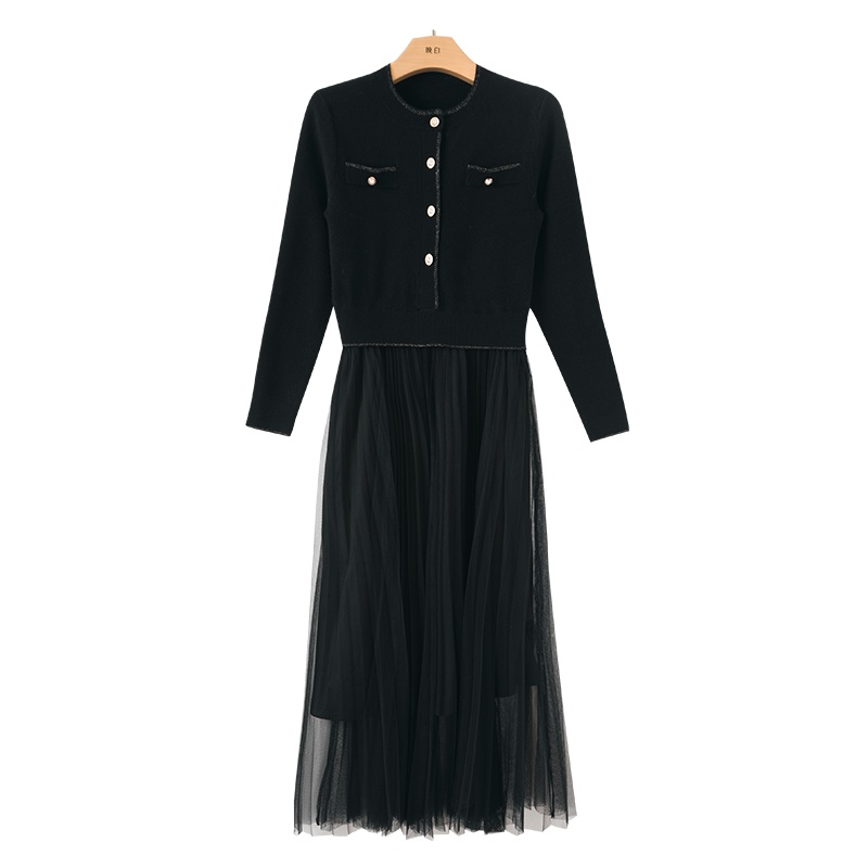 晚白2020冬季新品通勤简约纯色修身显瘦纱纱裙针织长袖连衣裙女