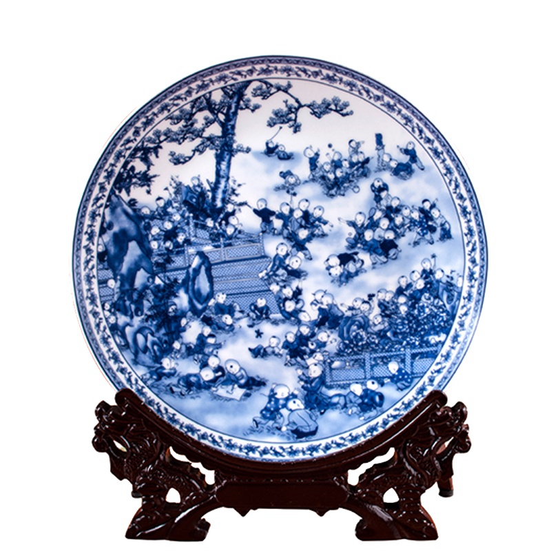 景德镇陶瓷坐盘青花百子图挂盘瓷盘装饰盘子工艺品摆件