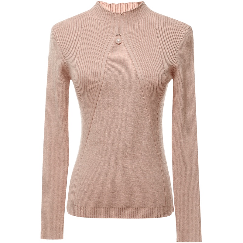 欧昵雪秋冬季半高立领长袖钉珠打底毛衣女套头修身针织衫