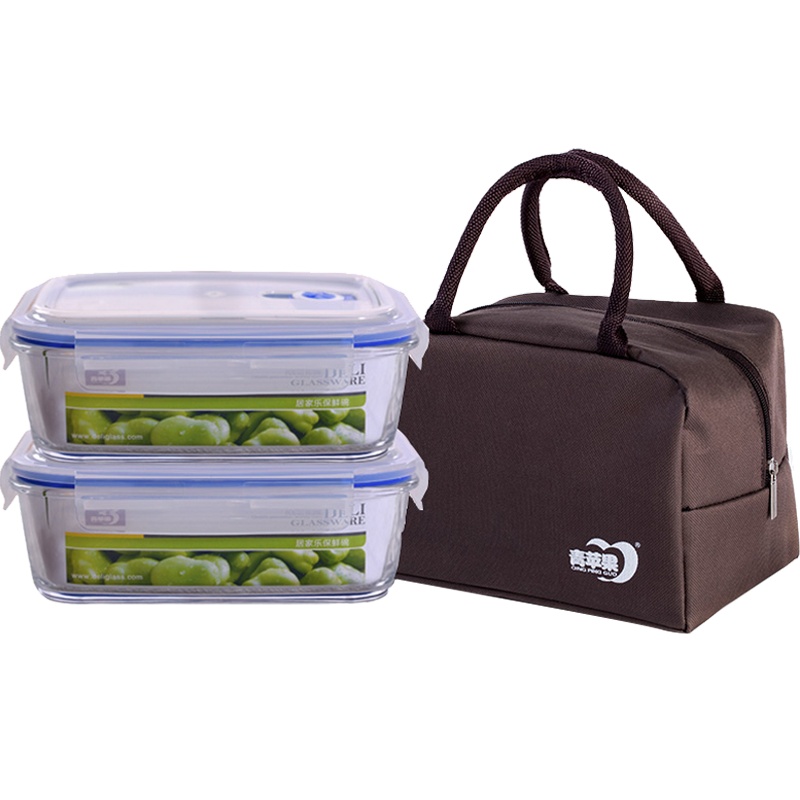 青苹果玻璃保鲜盒长方形大容量耐热便当盒 微波炉加热饭盒带气孔玻璃碗套装GH-CH02B