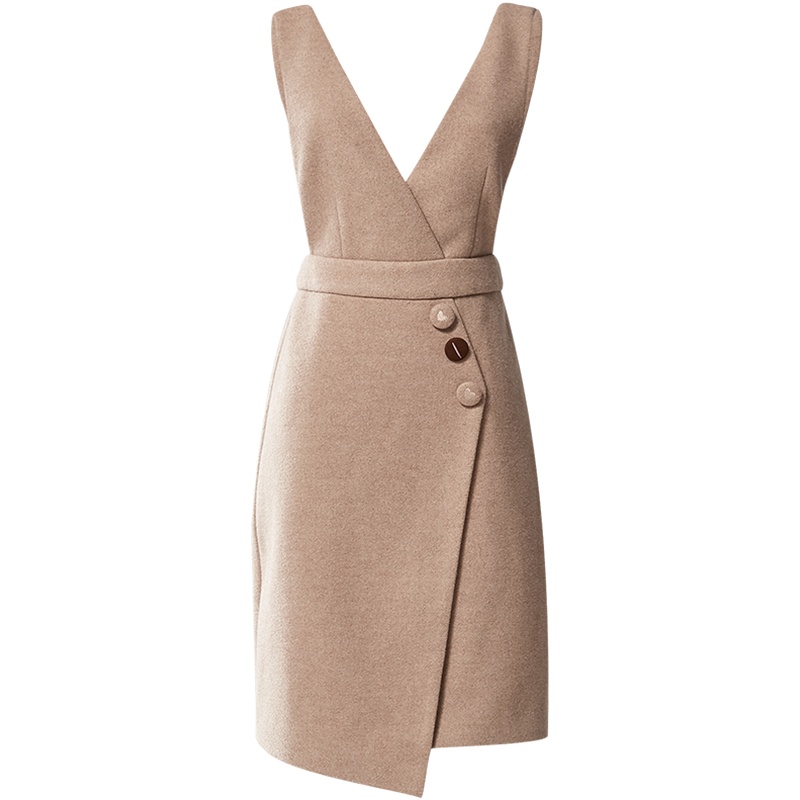 欧昵雪秋冬季V领高腰修身不规则背心裙女显瘦毛呢连衣裙