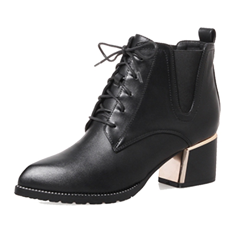 品点(Pandell)秋冬新款短靴尖头粗跟短靴女试试百搭女靴