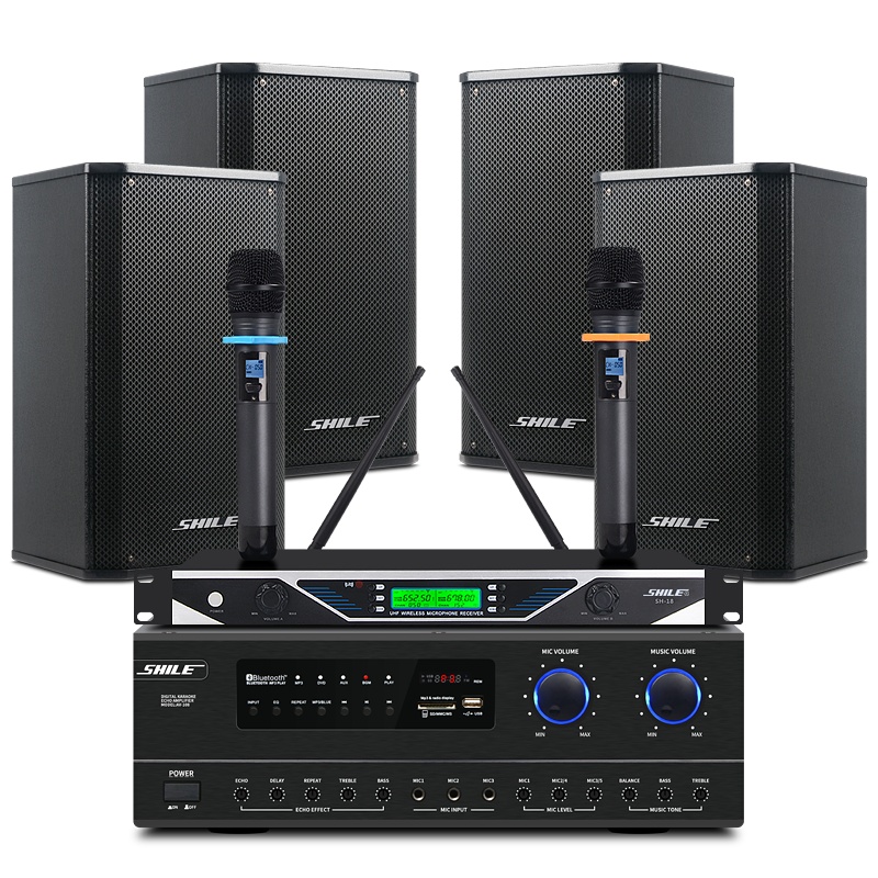 狮乐(SHILE)会议套装蓝牙功放壁挂音箱会议室系统背景音乐设备无线话筒套餐108功放+108音箱黑四只+18无线话