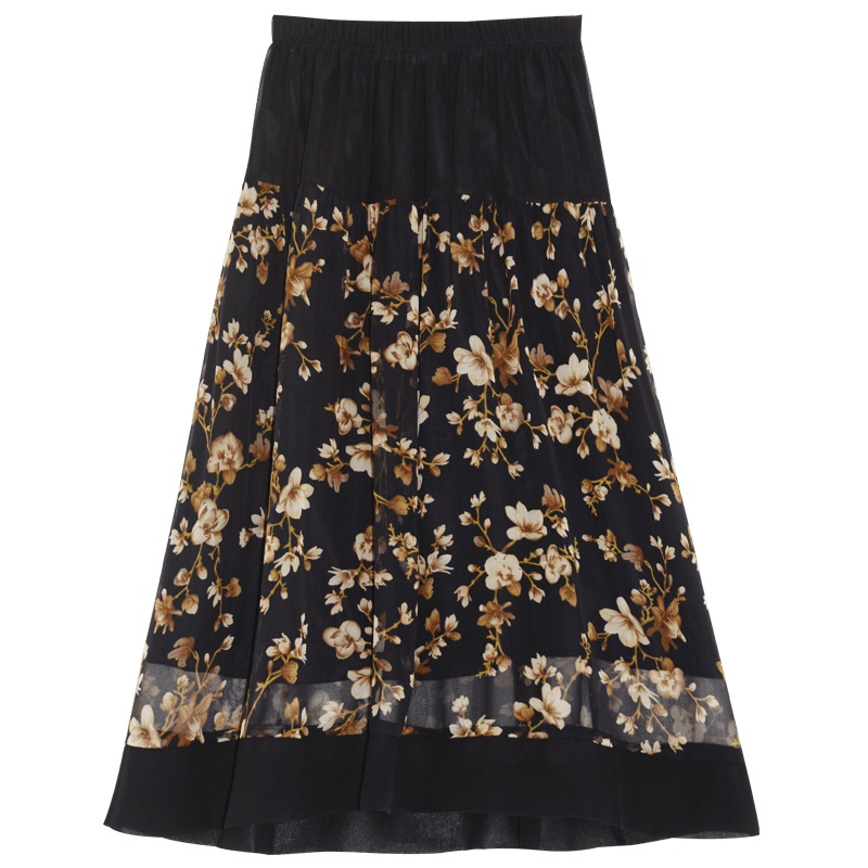 金菊2020新春新款半身裙女纯色印花A字裙网纱雪纺中长款裙子