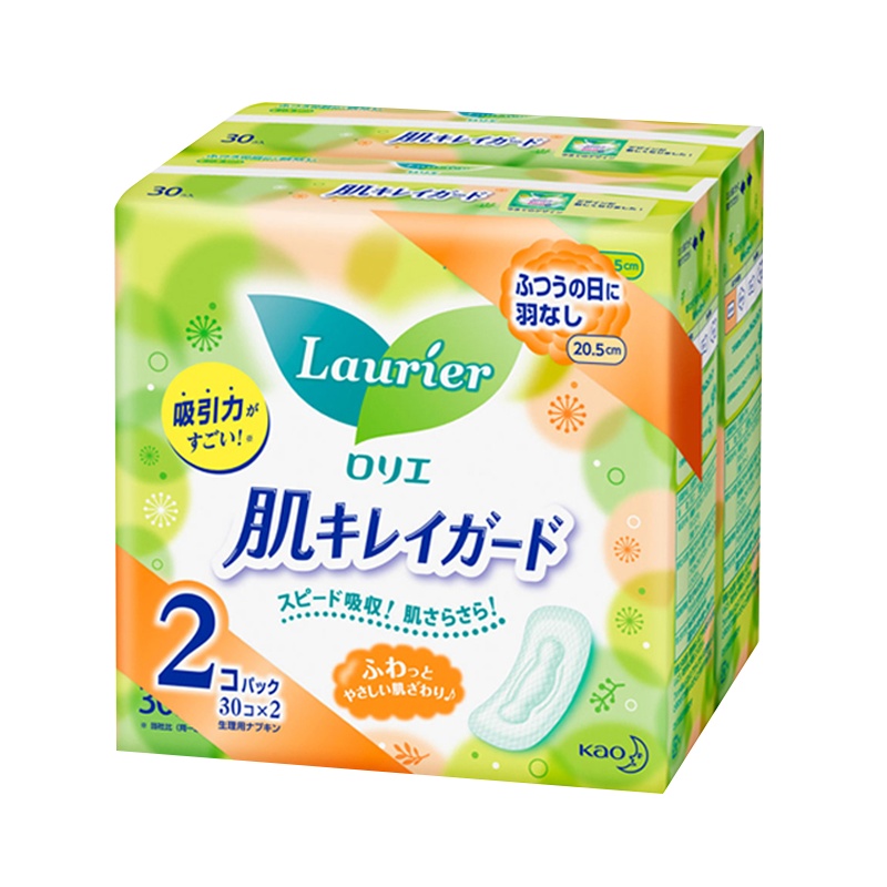 [柔肤日用卫生巾]花王(乐而雅)Lauríer 柔肤日用卫生巾 姨妈巾 20.5厘米 30片/包 两包装套装 纤巧