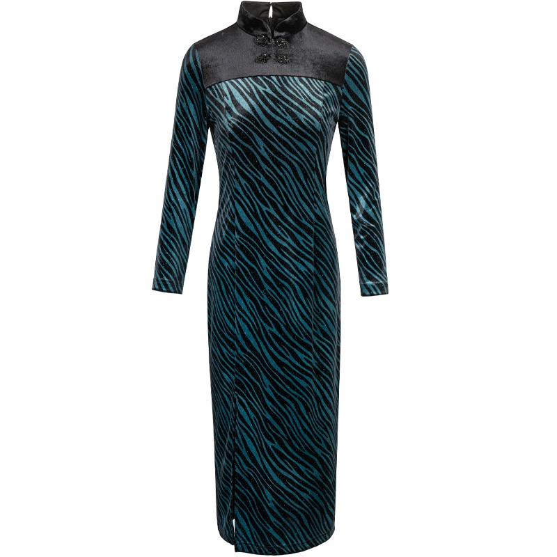 [狐婷]改良旗袍连衣裙 2021秋季新款女装 贵夫人气质修身中长裙